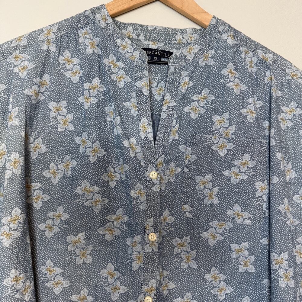 J. Crew Mercantile Floral Band Collar Button Down Blouse Blue XS - Picture 2 of 4